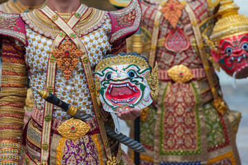 Fototapeta premium Art culture Thailand Dancing in masked khon in literature Ramayana, Thailand culture Khon, Vintage style, Thailand