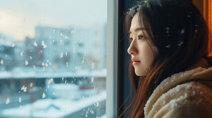 冬と女性、帰宅後に外の雪を見る日本人女性 - obrazy, fototapety, plakaty