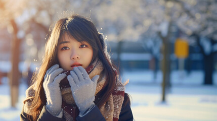 冬と女性、雪景色を背景にした日本人女性 - obrazy, fototapety, plakaty
