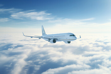 Passenger plane flies in the clouds among the sky. AI generated. - Powered by Adobe