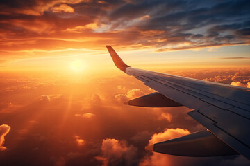 Obraz premium Passenger plane flies in the clouds among the sky. Sunrise. AI generated.