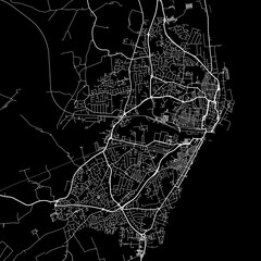 1:1 square aspect ratio vector road map of the city of  Lowestoft in the United Kingdom with white roads on a black background.