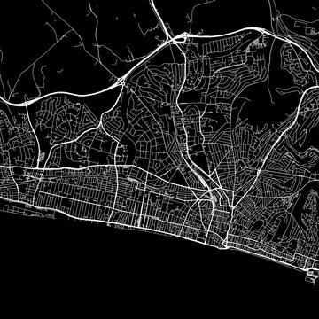 1:1 square aspect ratio vector road map of the city of  Brighton in the United Kingdom with white roads on a black background.