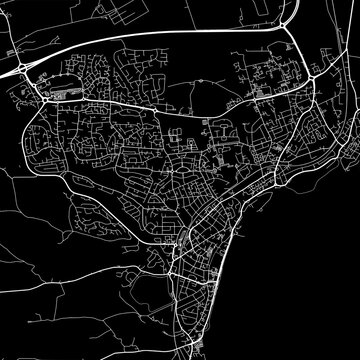 1:1 square aspect ratio vector road map of the city of  Kirkcaldy in the United Kingdom with white roads on a black background.