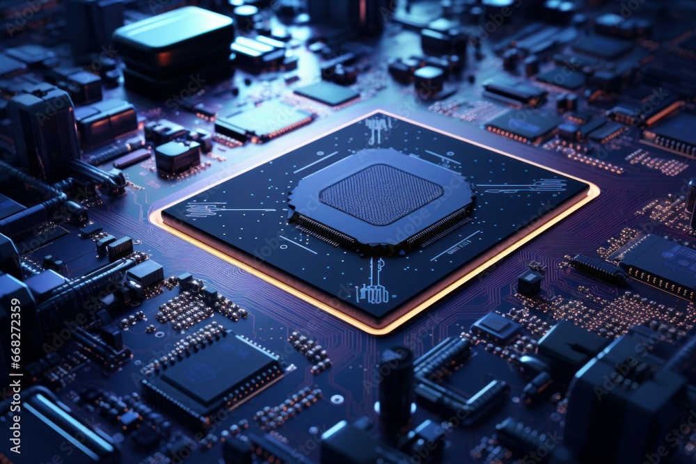 Poster transformative digitalization processor. science chip future. generate ai