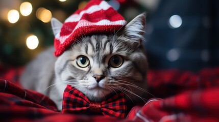Close-up portrait of a cute cat in a red Santa Claus hat among burning lights on the background of a winter snowy landscape. New year party. Snowflakes in the air.