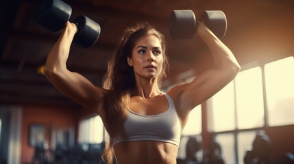 A woman is lifting the Dumbbell up to her head to strengthen her arms and shoulders. The trainers are consulting for exercisers and are checking how to exercise properly. correct exercise concept.