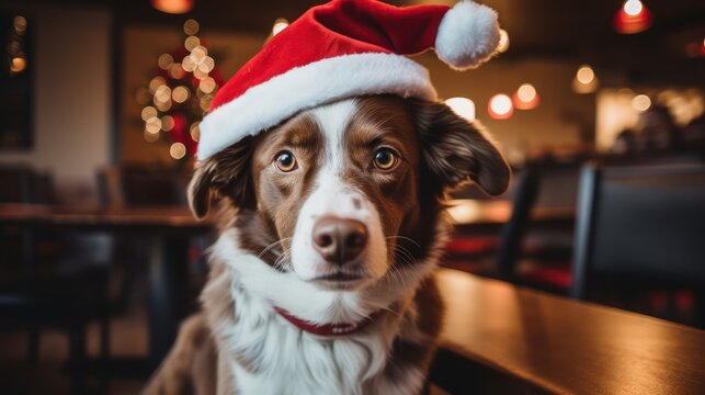 Close-up portrait of a cute dog in a red Santa Claus hat among burning lights on the background of a winter snowy landscape. New year party. Snowflakes in the air.