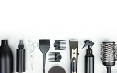 Set hairdresser's accessories on white background. Professional hairdresser's accessories. hairdresser salon concept, hairdressing tool set. Haircut accessories - obrazy, fototapety, plakaty
