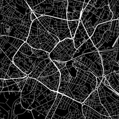 1:1 square aspect ratio vector road map of the city of  Birmingham Center in the United Kingdom with white roads on a black background.