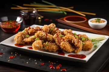 Asian fusion theme, Sesame-crusted chicken nuggets with sweet chili sauce, sliced scallions for garnish, fusion of flavors.