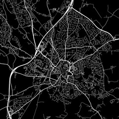 1:1 square aspect ratio vector road map of the city of  Wrexham in the United Kingdom with white roads on a black background.