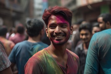 A portrait of a smiling young man at Holi festival.