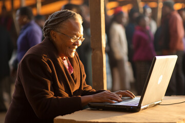 an elderly black woman is being trained to work on a laptop - obrazy, fototapety, plakaty