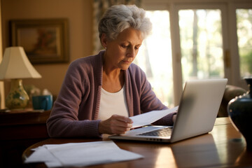 an elderly modern woman uses a laptop and the Internet to pay utility bills and other everyday tasks