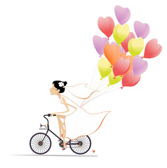 Pretty bride with air balloons riding a bicycle. 
Pretty bride in the white dress and wedding veil rides a bike with a lot of air balloons. Isolated on white
