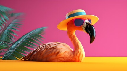  3D flamingo on vacation  - obrazy, fototapety, plakaty