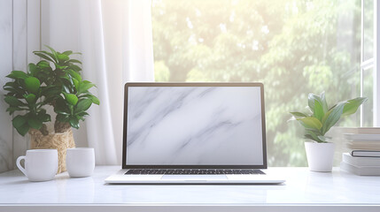 Elevating Productivity: Back View of a Laptop Workspace on White Marble Designing Success: Back View of an Executive Workspace with a Laptop background ai generated