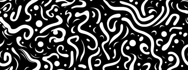 Seamless whimsical abstract graffiti scribble pattern, freestyle swirl motif. Monochrome bold white paint strokes texture, black background, trendy painterly doodle line art