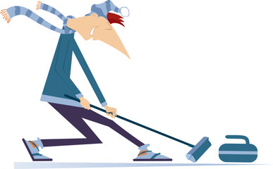 Smiling young man plays curling. 
Winter sport. Young man with a curling brush aiming a stone to a target
