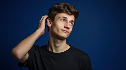 Naklejka premium Close-Up Portrait of a Fictional Handsome & Confident Man in Casual Blank t-Shirt. Isolated on a Plain Colored Background. Generative AI.