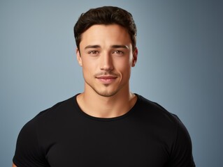 Fototapeta premium Close-Up Portrait of a Fictional Handsome & Confident Man in Casual Blank t-Shirt. Isolated on a Plain Colored Background. Generative AI.