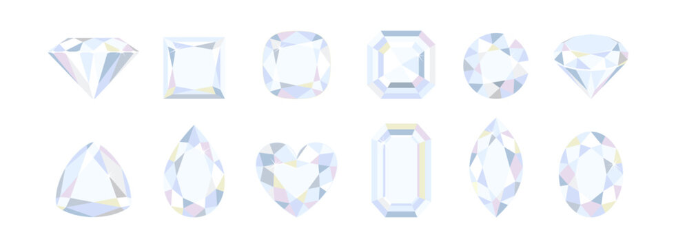 Gems of different shapes isolated on white. Set of faceted diamonds. Vector cartoon flat illustration.
