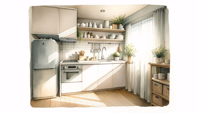 Watercolor painting of a small kitchen, showcasing clean lines, muted colors, and a sense of tranquility, with sunlight filtering through a window