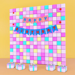 3d illustration, Cartoon Happy Birthday lettering on flag hanging on the colorful brick wall and gift boxes on the floor in plasticine, polymer clay, clay doh, play doh texture on white background.