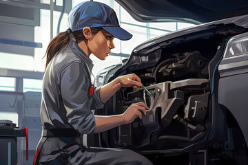 Generative AI illustration of beautiful female mechanic working