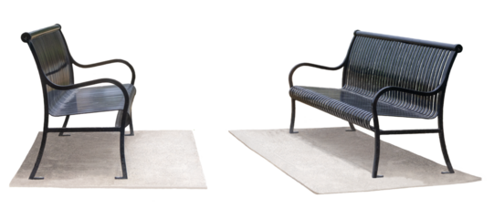 Elegant metal bench on concrete base. Park bench isolated on transparent background. Black bench with armrests. PNG image.