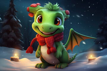 a small, cute green dragon in a red scarf is celebrating Christmas and New Year. symbol of the year 2024.