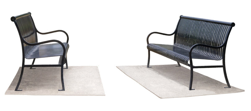 Elegant metal bench on concrete base. Park bench isolated on transparent background. Black bench with armrests. PNG image.