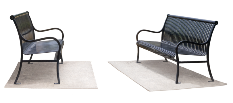 Elegant metal bench on concrete base. Park bench isolated on transparent background. Black bench with armrests. PNG image.
