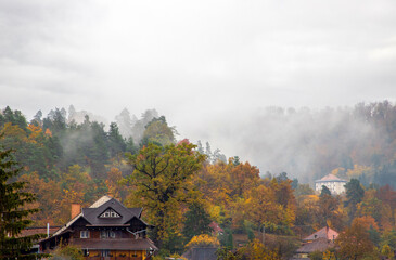 Fototapeta premium Fog over the village after the rain
