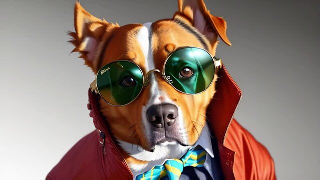 Stylish dog in fashionable clothes - red jacket, tie and sunglasses. Portrait on a light background. Cool looking animal supermodel. Horizontal video. Funny dog. Glamorous cool doggy