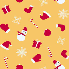 Christmas vector seamless pattern with snowman, mittens, Christmas hat, sock, candy cane, snowflakes, Christmas tree balls and gift box. Xmas background for wrapping paper, textile.