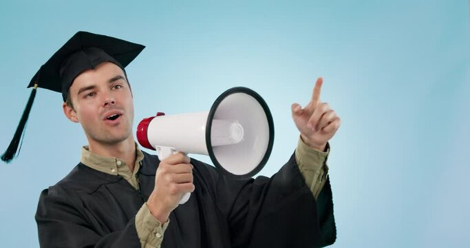 Studio man, student and graduate megaphone speech, school announcement or college speaker talk at event. Microphone voice, graduation communication and university learner broadcast on blue background