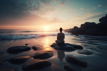Person sitting on the stones meditates on the beach near the water