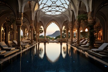 Pristine Empty luxurious resort pool. Nature tourism. Generate Ai