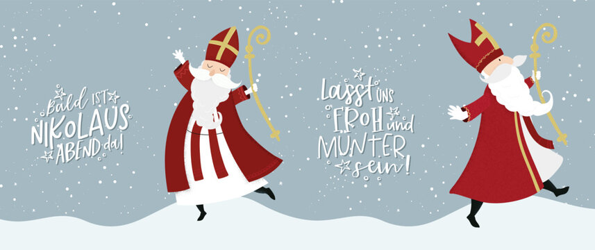 Lovely drawn Nikolaus character, text in german saying "Soon it's Saint Nicholas Day!" - great for invitations, banners, wallpapers, cards - vector design