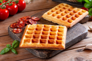 The process of making pizza waffles with tomatoes, sausages, cheese and herbs on a board