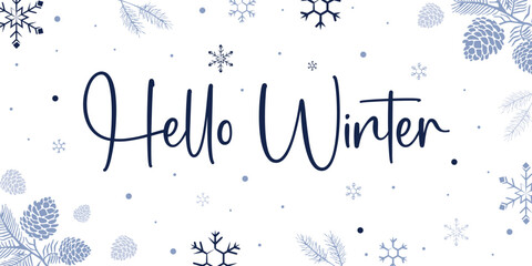 Winter snowflakes vector background design. Hello winter greeting text with snow flakes, branches and spruce. Vector illustration