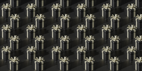 Black Friday Super Sale Pattern. Realistic black gifts boxes. Pattern with gift box with bow. Dark background.