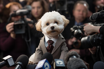 A nervous bichon frise politician in a suit and tie is being interviewed by a group of reporters