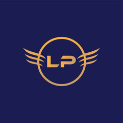 LP gold golden alphabet letter logo design. Background Blue	