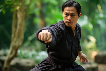 Asian Man Mastering Ancient Martial Techniques