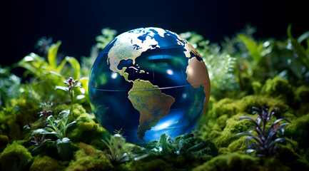 Shiny globe shows continents. Surrounded by plants and moss. Dark background, glowing Earth