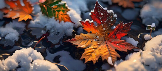 Golden Autumn Leaves Rest on the Glistening Ice of a Frozen Lake in the Serene Beauty of Winter's Embrace