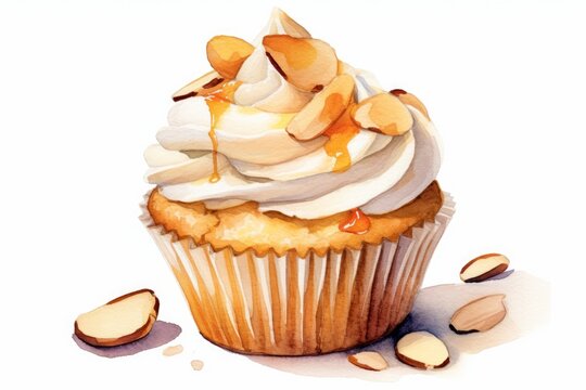 Watercolor cupcake with almond buttercream and sliced almonds on top on white. AI generated
